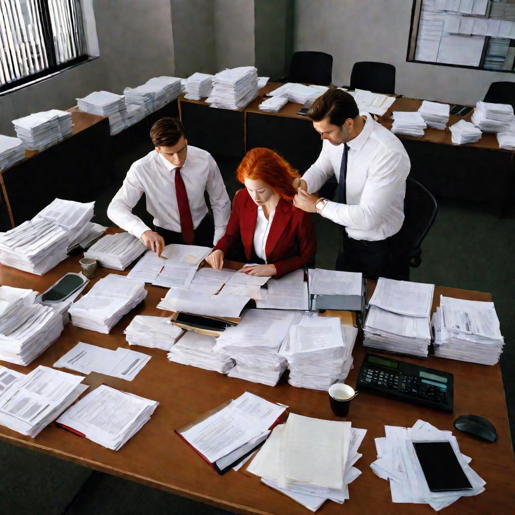 Бухгалтеры в офисе просматривают расчеты по налогам