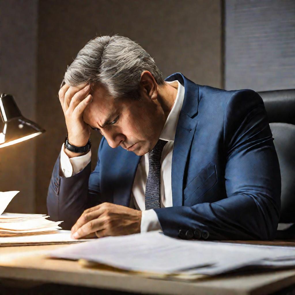 Мужчина сидит за столом, усталый