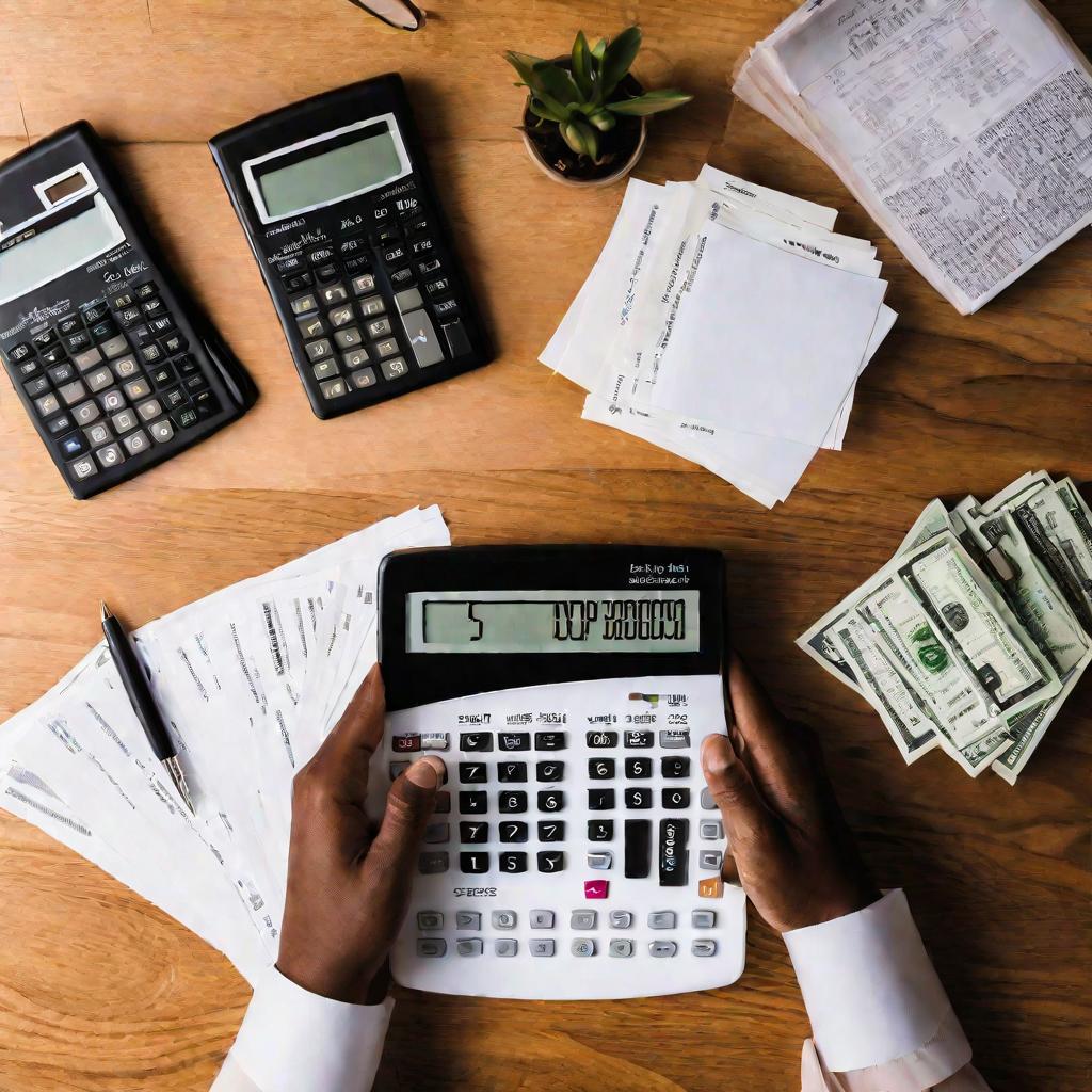 Вид сверху на руки человека, держащего калькулятор и стопку купюр.