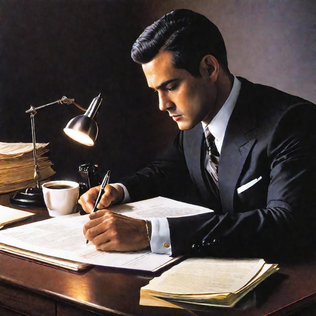 Крупный план серьезного мужчины в костюме, сидящего за столом в офисе.