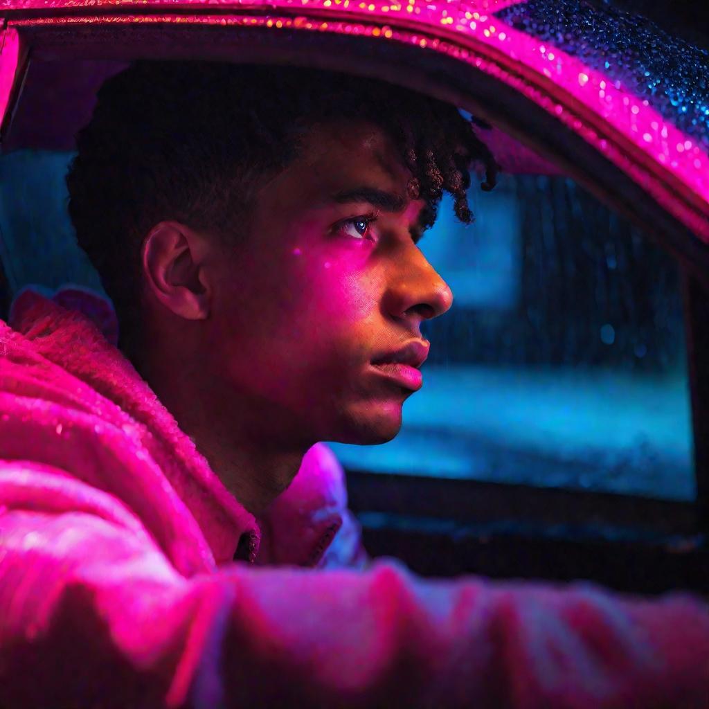 Портрет молодого человека в машине ночью в размышлениях о своих ошибках.