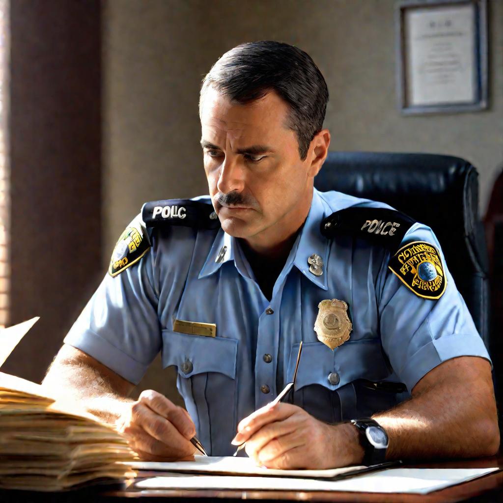 Крупный портрет полицейского в форме, сидящего за столом. Это мужчина средних лет с короткими темными волосами и щетиной. У полицейского серьезное, сосредоточенное выражение лица, нахмуренные брови и внимательный взгляд, пока он аккуратно заполняет докуме
