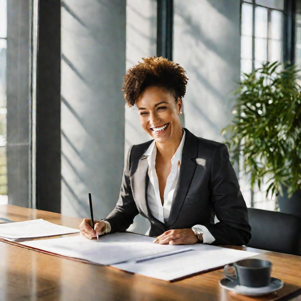 Счастливая женщина в костюме радостно подписывает документ в офисе утром.