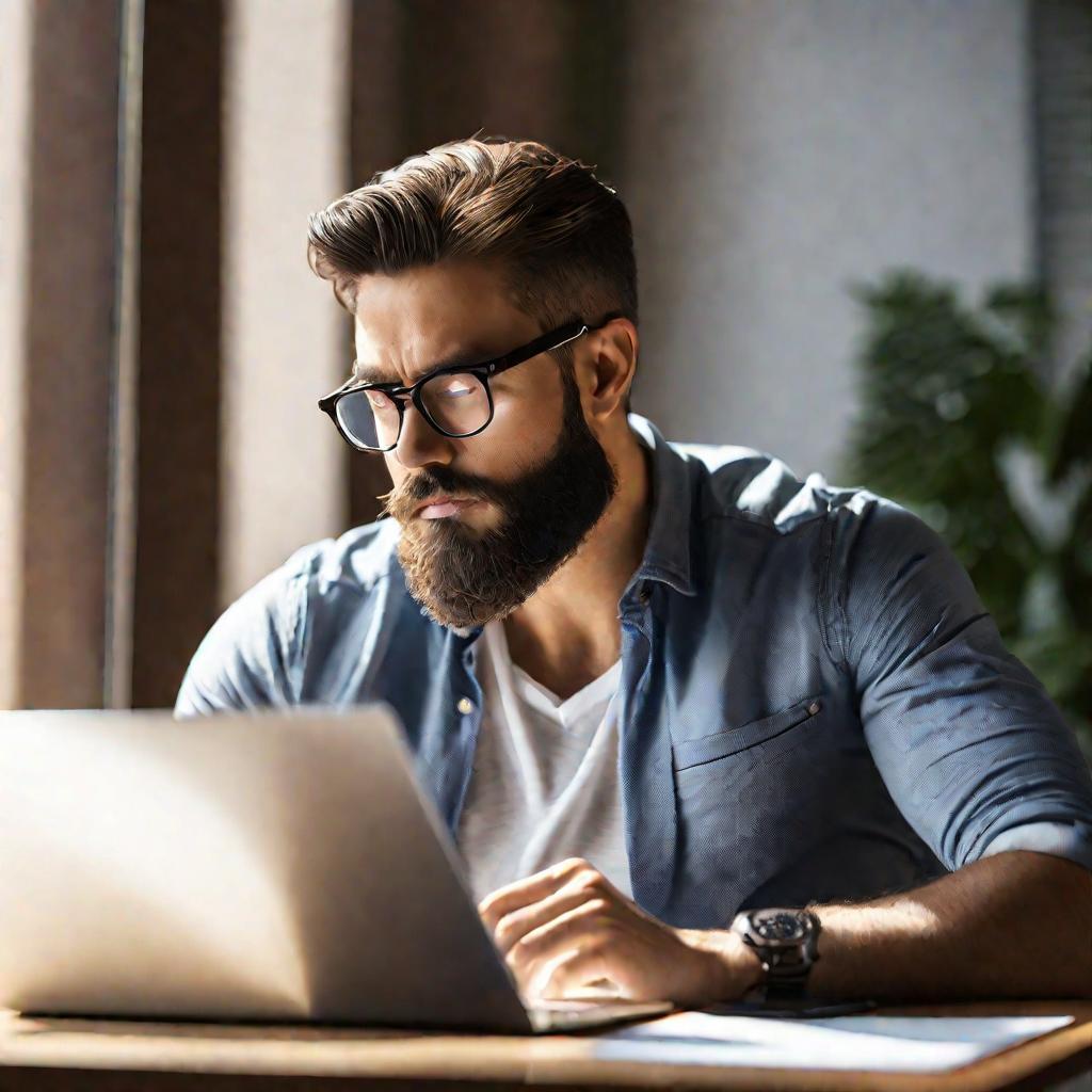 Внимательный бородатый мужчина в очках изучает документ.