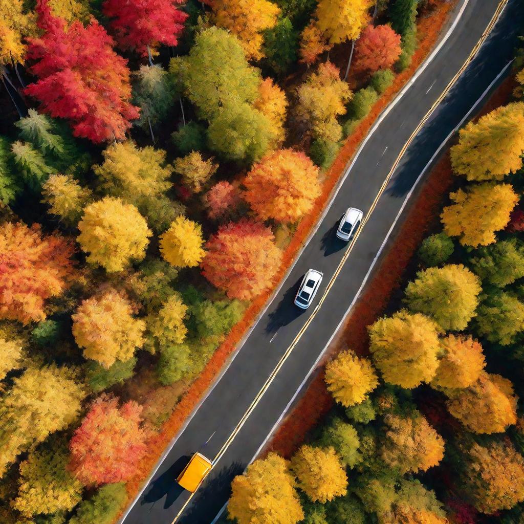 Автомобиль с прицепом едет по извилистой дороге через красочный осенний лес