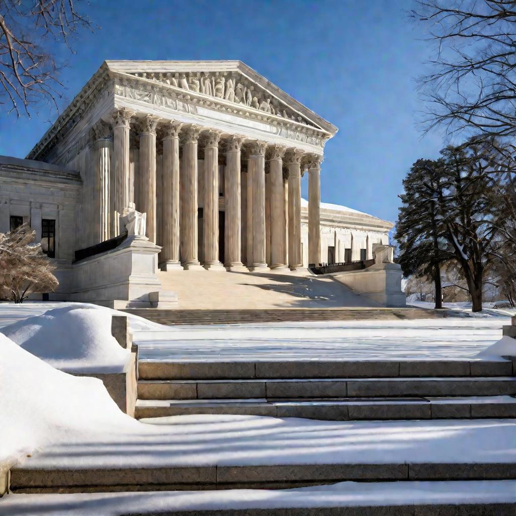 Общий план исторического здания Верховного Суда в солнечный зимний день. Ступени, ведущие к грандиозной колоннаде, охраняемой возвышающимися статуями, покрыты снегом. Сосульки, свисающие с декоративных каменных элементов, придают суровую красоту.