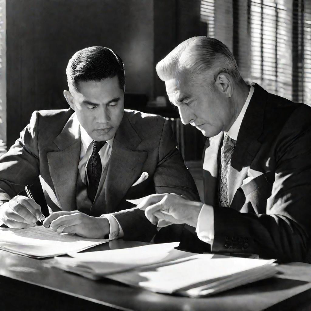 Занятая офисная сцена, на которой двое мужчин в деловых костюмах вместе просматривают бумаги за столом. Молодой человек указывает на документ, а старший внимательно его рассматривает, хмуря брови. Солнечный свет проникает через окно на заднем плане. Сосре