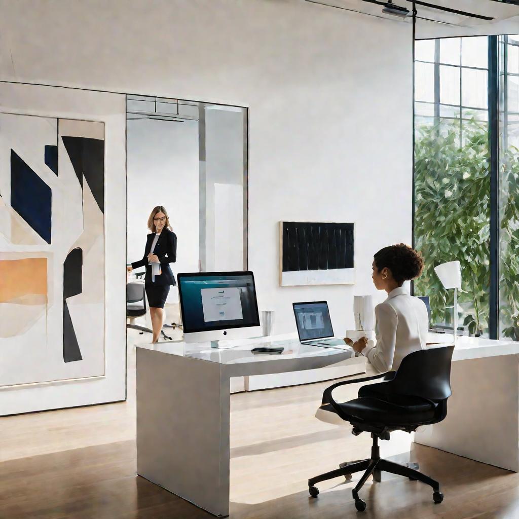 Просторный современный офисный интерьер с ярким естественным освещением. На переднем плане молодая женщина в пиджаке сидит за стеклянным столом, печатая на ноутбуке. У нее сосредоточенное выражение лица. На столе ручки, тетради, фоторамка и чашка кофе. На