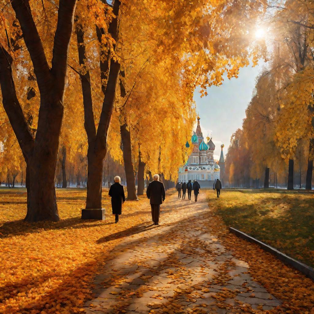 Красивый осенний парк в Москве. На переднем плане счастливая пожилая пара идет по усыпанной листьями дорожке вдоль оранжевых и желтых деревьев. На заднем плане ярко светит солнце над историческими зданиями. Настроение радостное, спокойное и довольное.