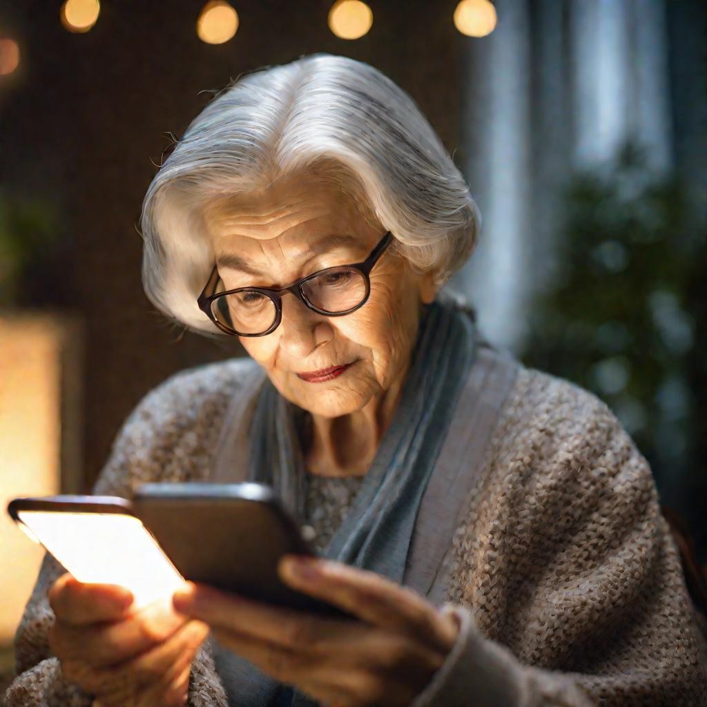 Подсвеченный крупный портрет пожилой женщины, использующей мобильное приложение банка на смартфоне. Она сосредоточена и слегка улыбается, пальцем нажимая на экран. Освещение мягкое и теплое. Настроение спокойное, сосредоточенное и довольное.