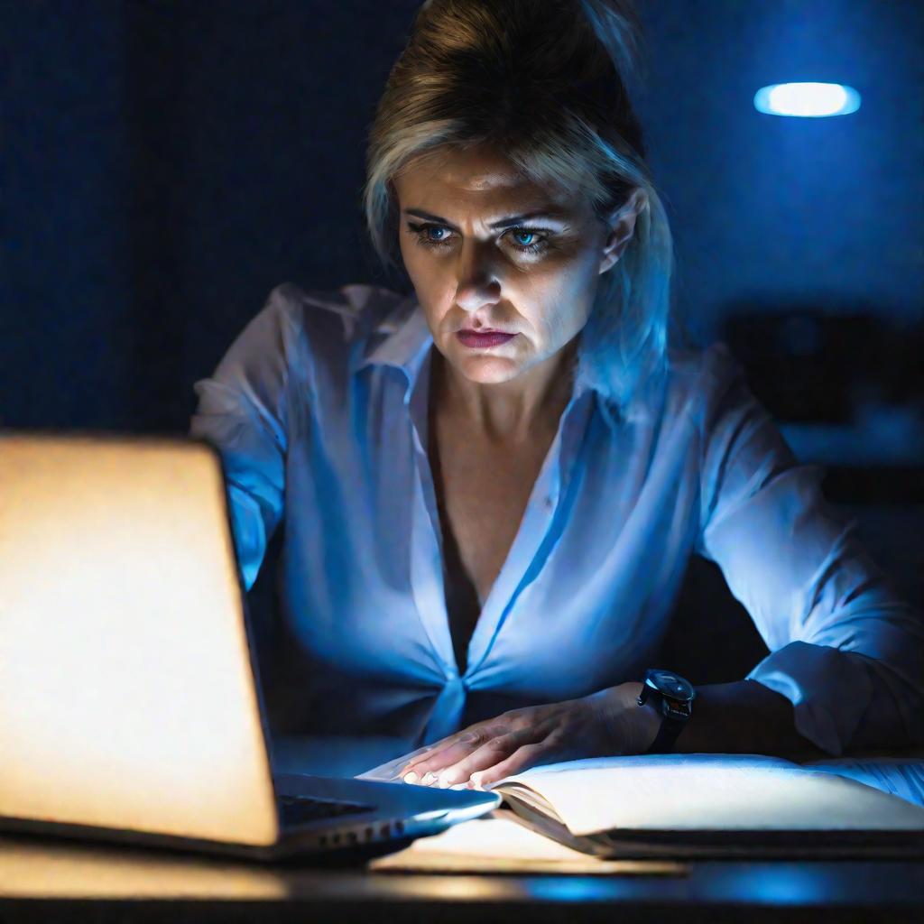 Бухгалтер работает ночью, проверяет отчеты