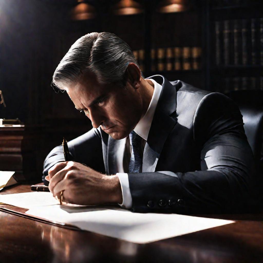 Портрет адвоката за столом с документами при драматическом освещении