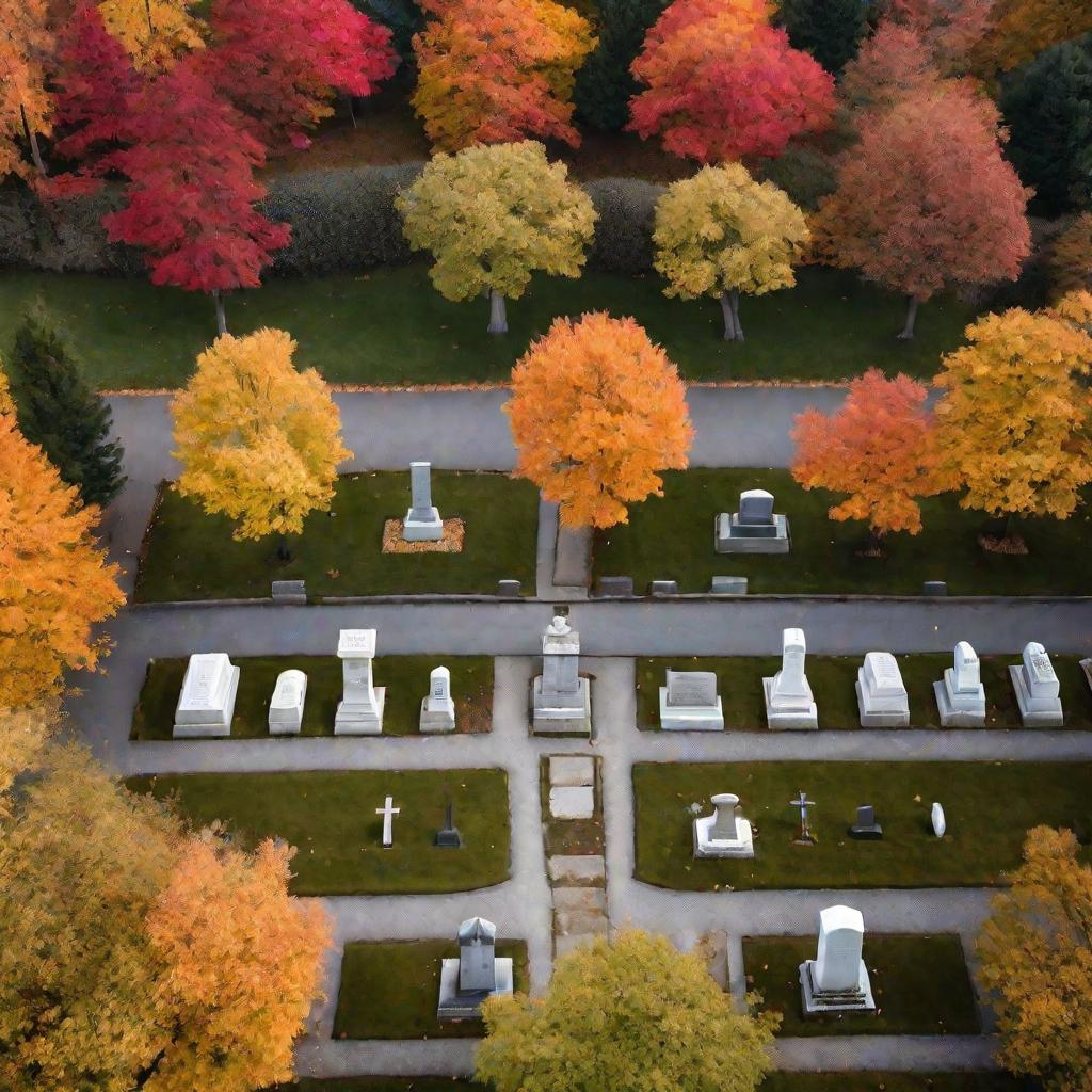 Кладбище. Могилы. Надгробия. Тихий осенний день. Золотая листва на деревьях и на земле.