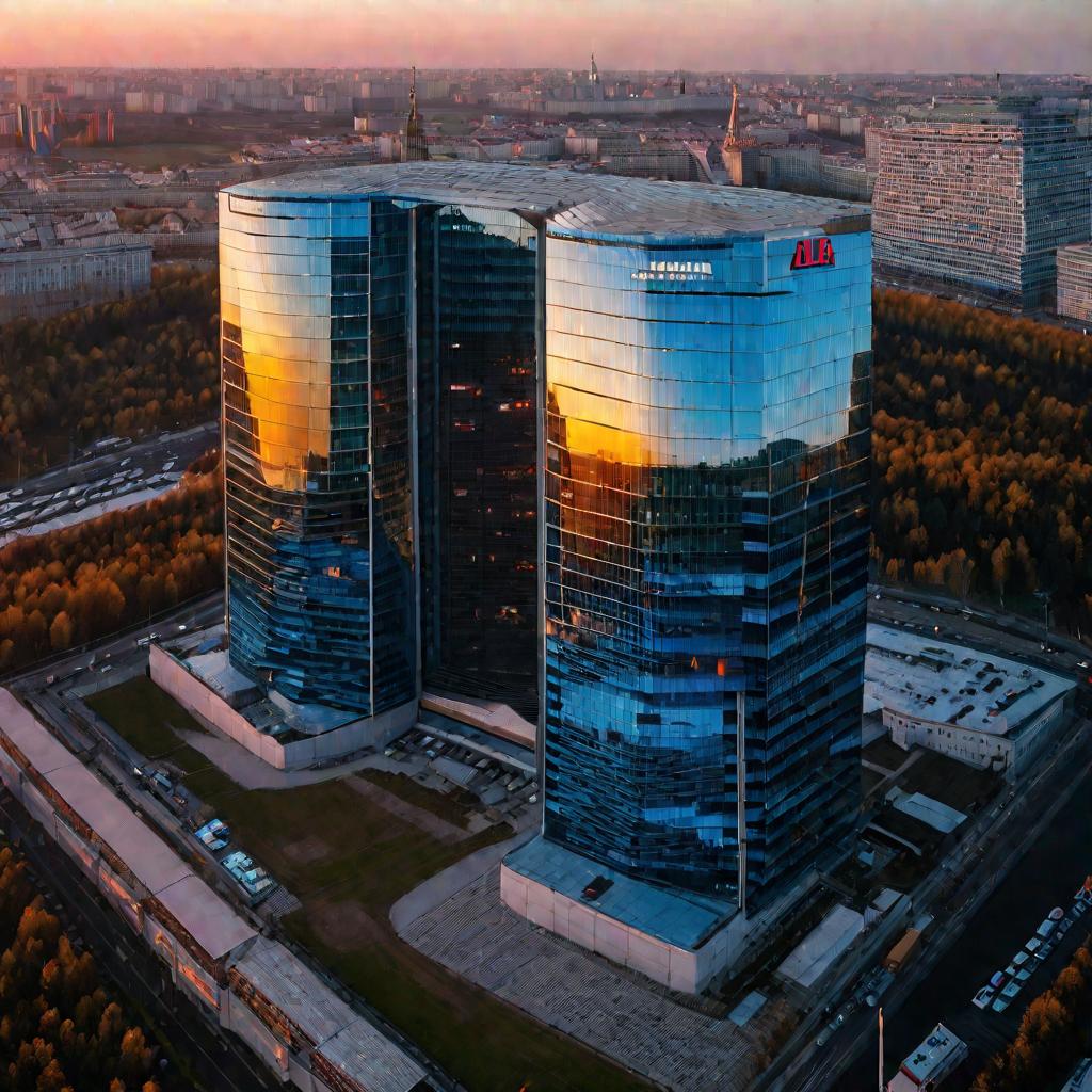 Вид сверху на здание штаб-квартиры Альфа-Банка в Москве на закате