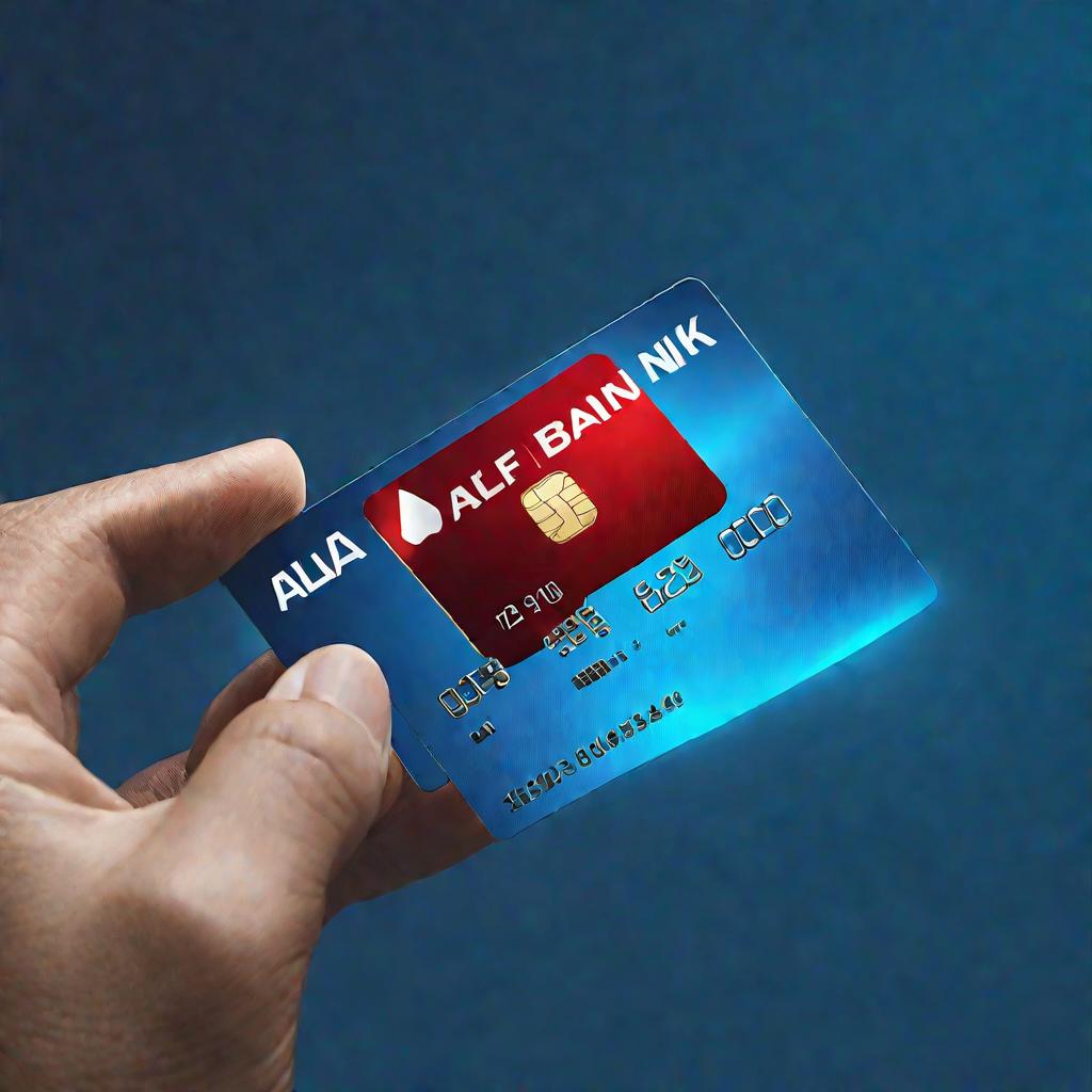 Вид сверху на руку, держащую кредитную карту Альфа-Банка на синем фоне