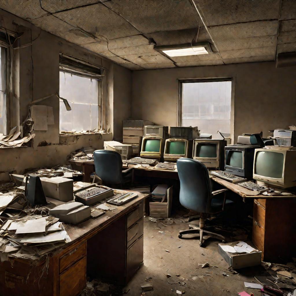 Заброшенный офис с оборудованием указывает на внезапное банкротство компании.