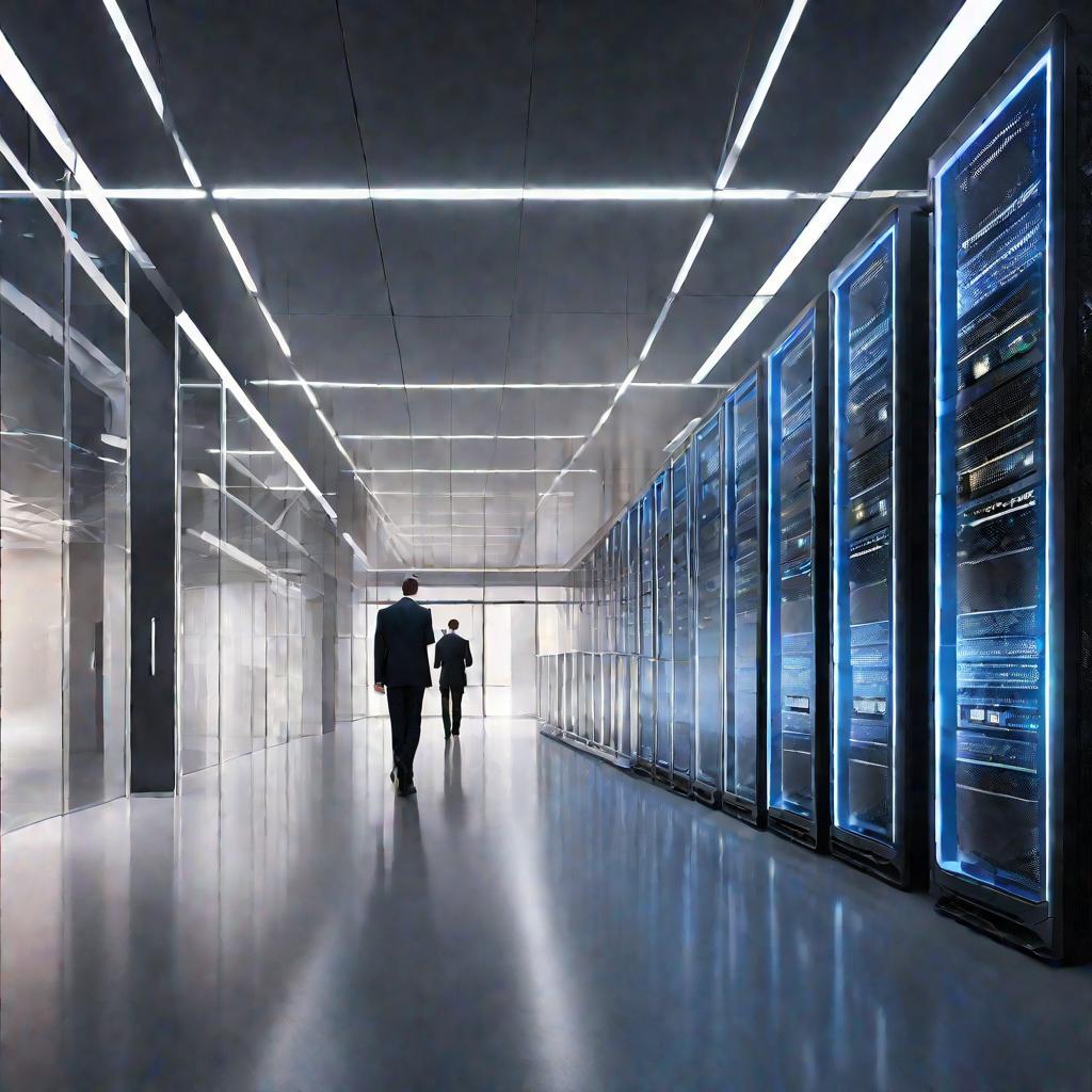 Вид сверху вдоль длинного стильного современного коридора, в стеклянных дверях которого виднеются светящиеся серверы. Мимо с планшетом в руках идет мужчина в костюме, олицетворяя высокотехнологичную инфраструктуру, обеспечивающую клиринговые операции.