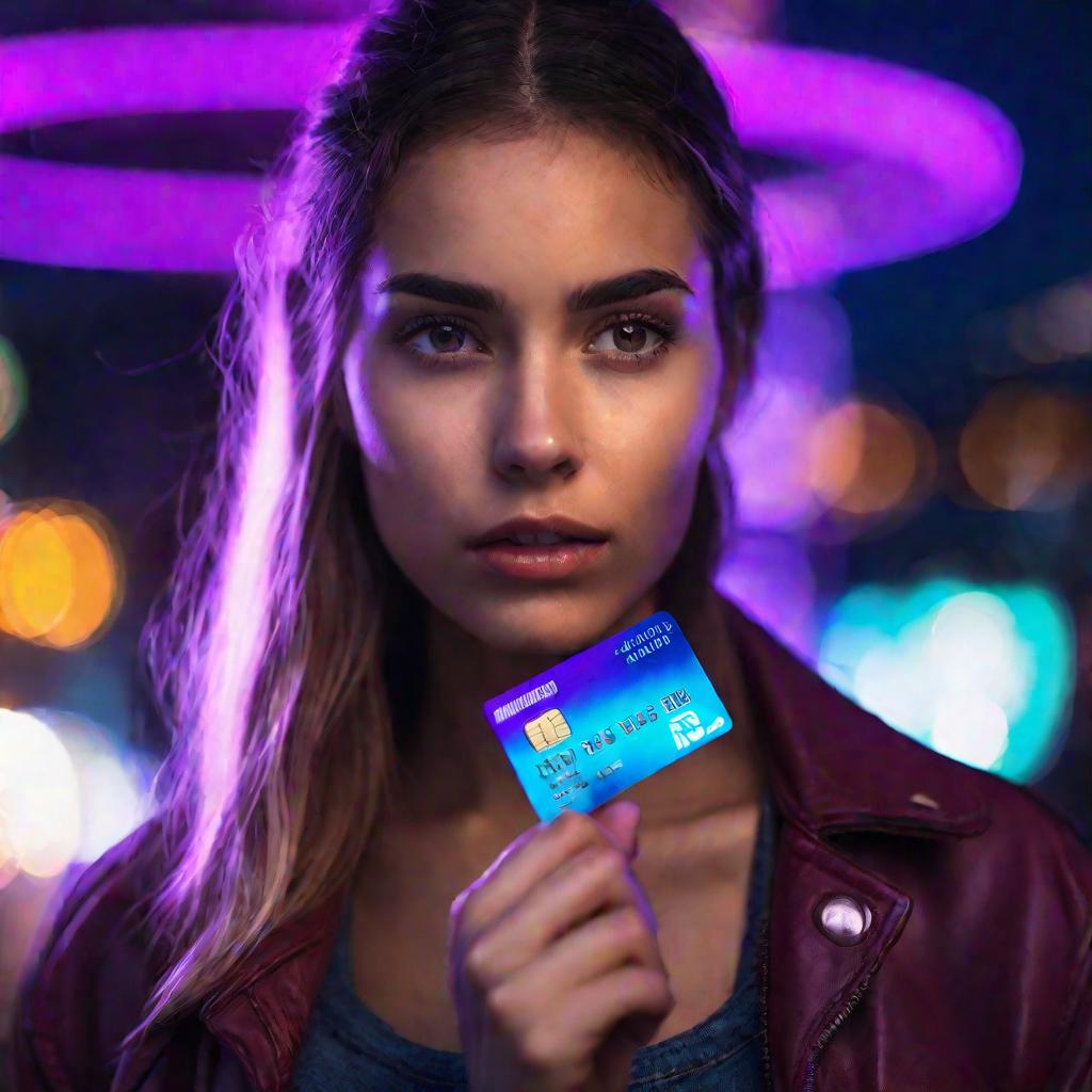 Крупный портрет молодой обеспокоенной женщины, держащей кредитную карту с просроченной датой ММ/ГГ. Снято ночью с неоновыми огнями города на заднем плане, испускающими синее и фиолетовое свечение.