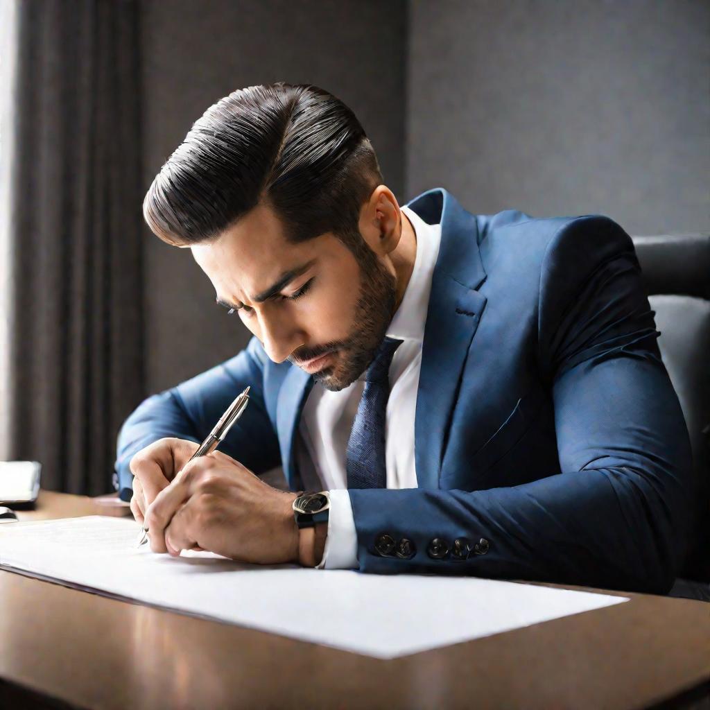 Бизнесмен в костюме сидит за офисным столом, смотрит на документ и пишет. Дневное освещение внутри офиса, яркий студийный свет сбоку освещает сосредоточенное выражение его лица и руку, держащую ручку. Детальный средний план в сосредоточенном, настроении.