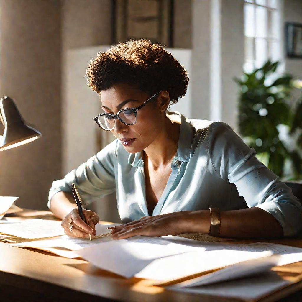 Женщина в очках просматривает бумаги на своем рабочем столе в домашнем офисе. Дневной естественный свет из окна освещает разложенные на столе бумаги. Средний план в нейтральном настроении и мягком теплом освещении.