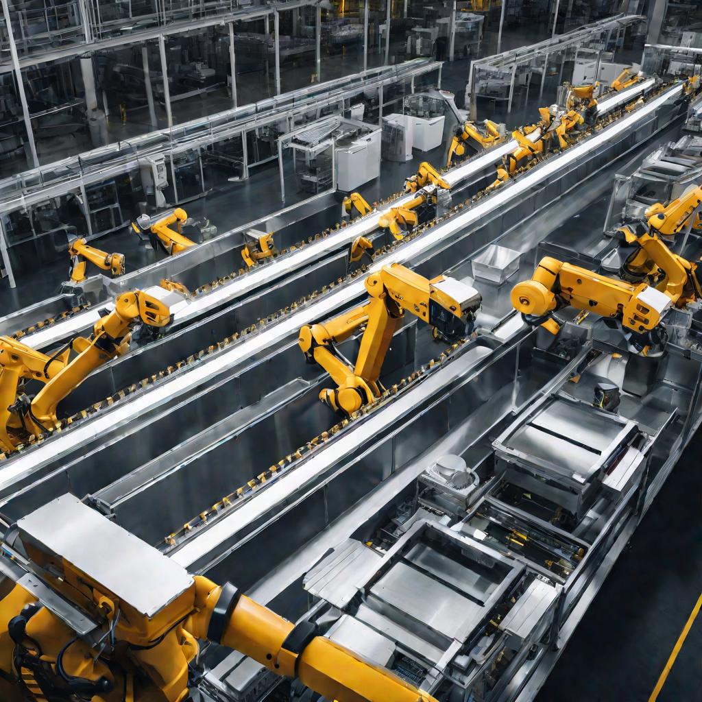 Конвейер производственной линии с роботами