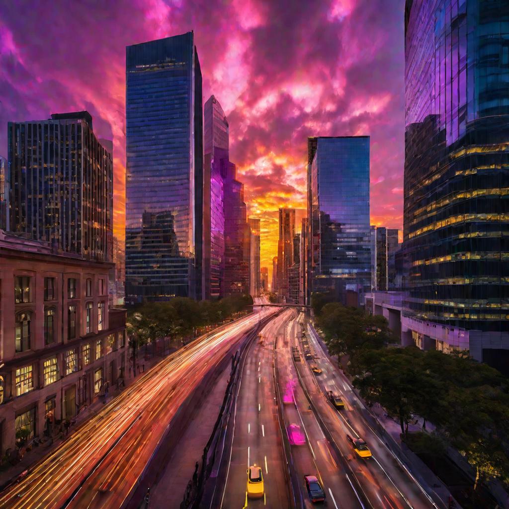 Вечерний вид города с высоты птичьего полета. Машины едут по оживленной улице между высотных стеклянных зданий. Их фары создают световые следы. Окна небоскребов светятся теплым желтым и оранжевым светом. Небо полно ярких розовых, фиолетовых и синих облако