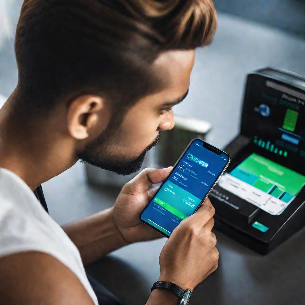 Молодой человек проверяет виртуальный банковский счет через мобильное приложение с ярким интерфейсом