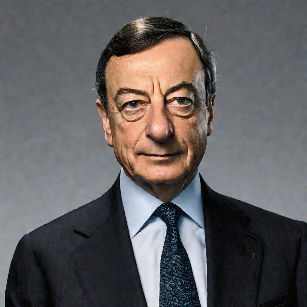 Крупный план Марио Драги, губернатора Банка Италии и председателя Базельского комитета по банковскому надзору с 2006 по 2011 год. У него серьезное выражение лица, он одет в строгий костюм и галстук, на нейтральном фоне.
