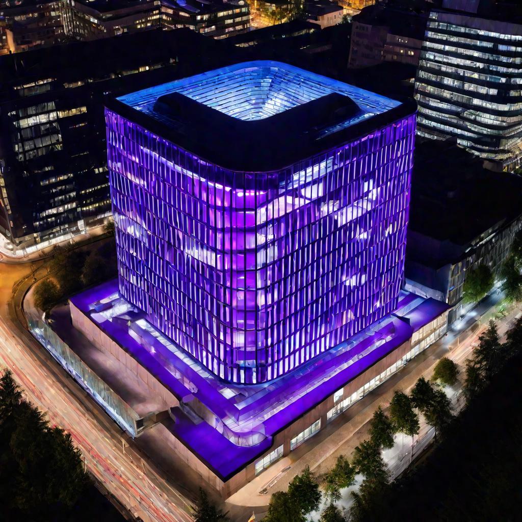 Вид сверху на современное стеклянное офисное здание, в котором располагается штаб-квартира Deutsche Bundesbank, центрального банка Германии и члена Базельского комитета. Ночное время, здание драматично подсвечено фиолетовыми и синими неоновыми огнями.