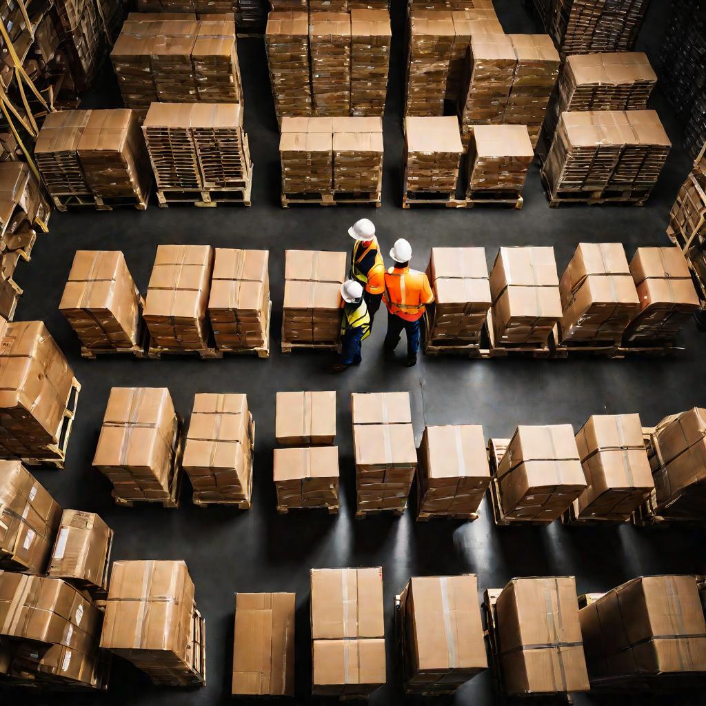 Вид сверху на двух работников склада, катящих тележку с грузом между рядами плотно заставленных стеллажей и поддонов с товарами, освещенных мягким студийным светом