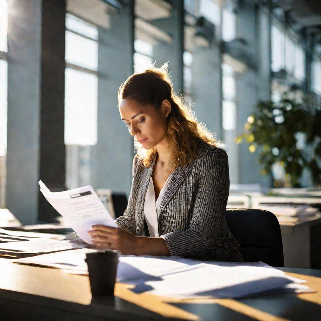 Женщина сидит за столом в современном офисе, просматривая бумаги. Солнечный свет льется сквозь большие окна. Сосредоточенное, пристальное выражение лица, пока она анализирует финансовые записи.