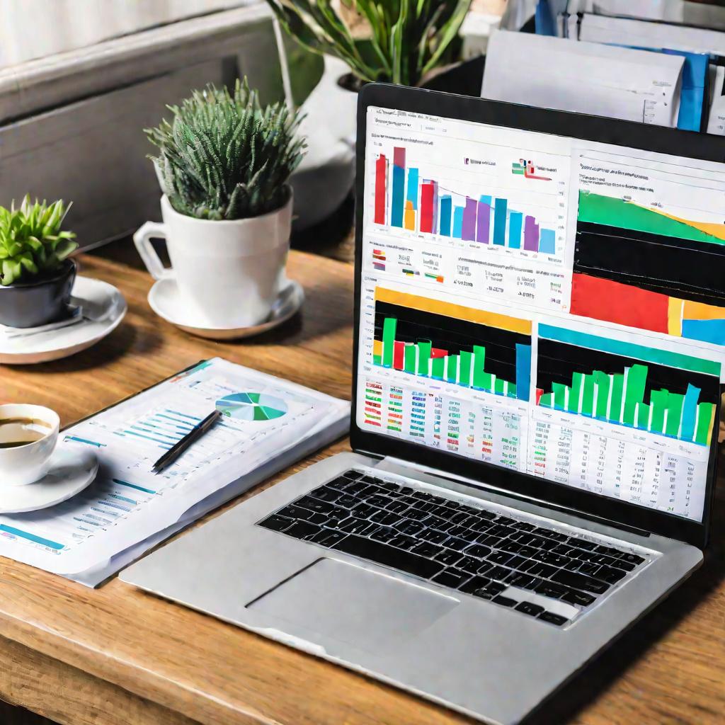 Ноутбук открыт на столе, демонстрируя табличное программное обеспечение. Цифры, графики и диаграммы, отображающие данные о продажах и бухучете. Яркое визуальное представление сложной финансовой информации.