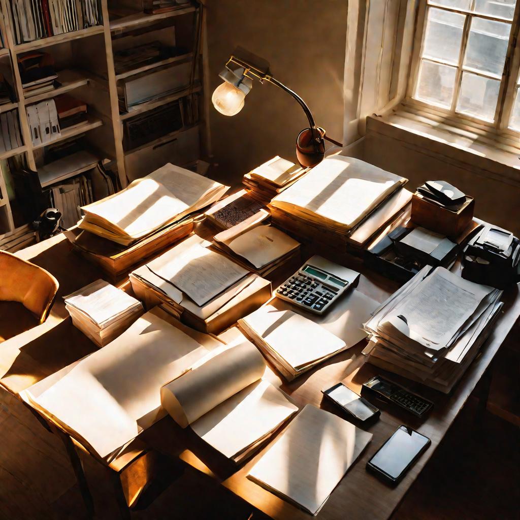 Рабочий стол бухгалтера с бумагами и книгами