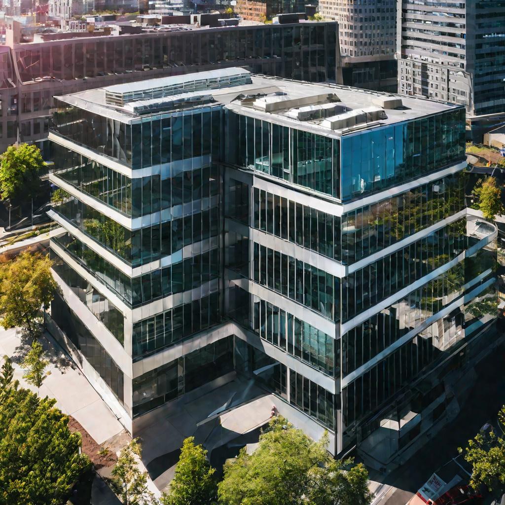 Вид сверху на офисное здание в солнечный день.