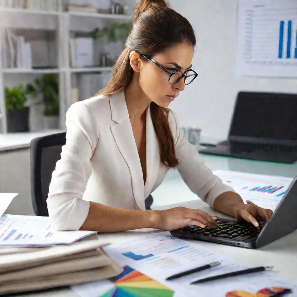 Портрет бухгалтера, работающего за ноутбуком.