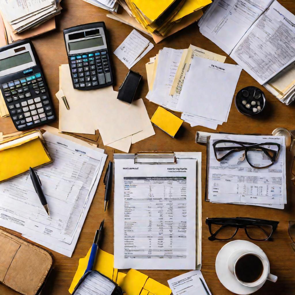 Вид сверху на стол, заваленный бухгалтерскими документами.