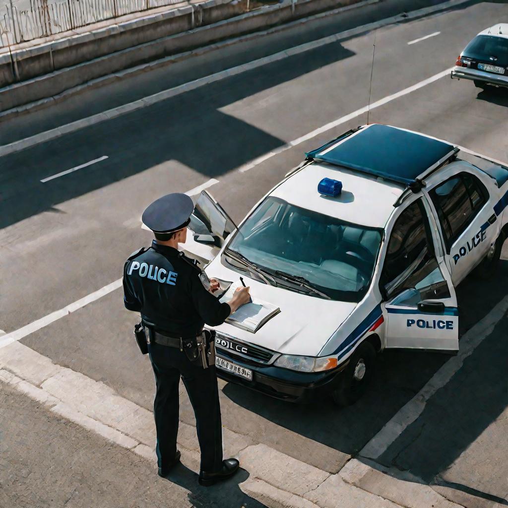 Вид сверху при мягком естественном освещении: полицейский в форме ДПС России пишет штраф на пустой дороге рядом со своим припаркованным патрульным автомобилем. Полицейский в фуражке склонился над блокнотом для штрафов, лежащим на открытой двери автомобиля