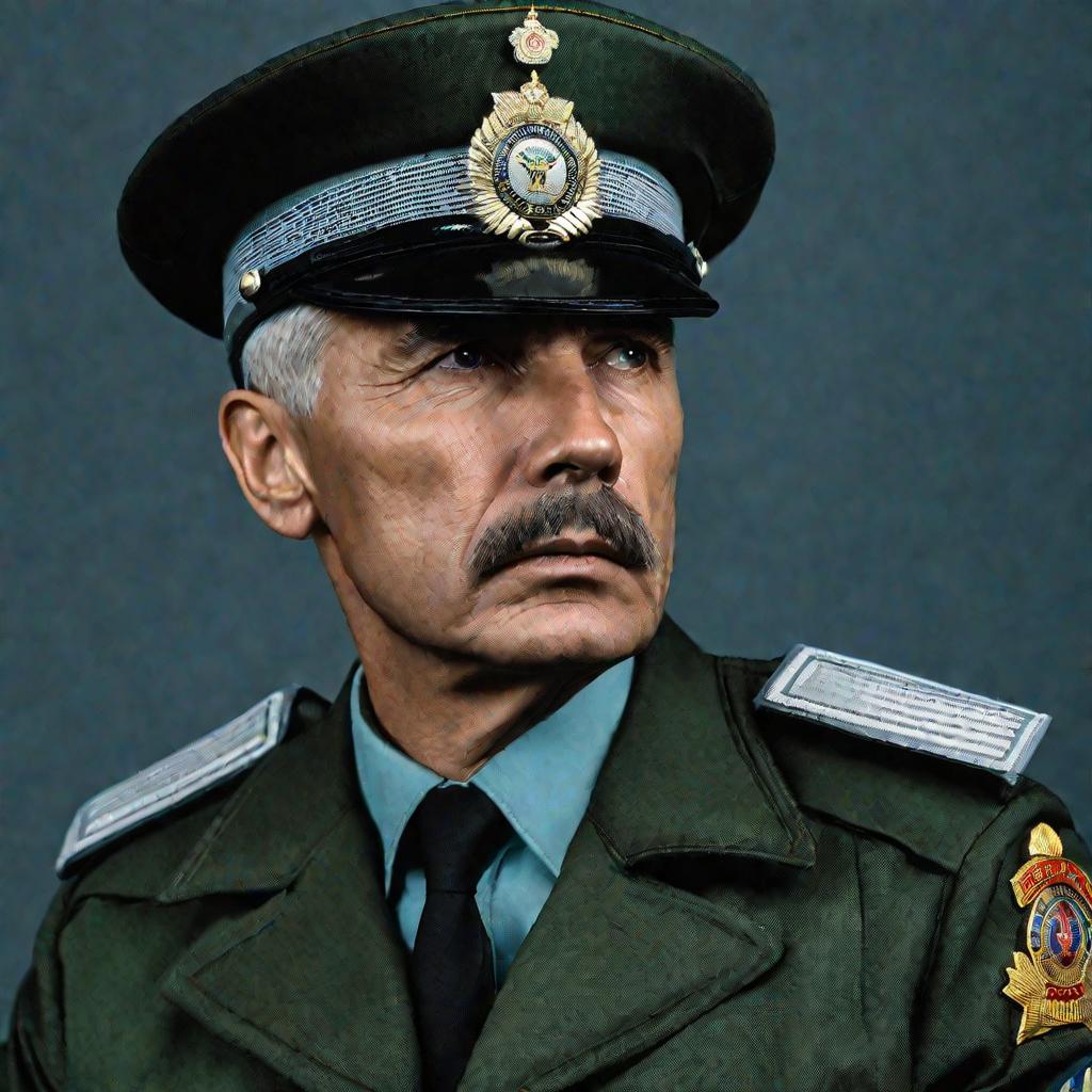 Крупный портретный план серьезно смотрящего вдаль полицейского ДПС России на черном фоне. Это пожилой мужчина с загорелой морщинистой кожей и седым ежиком волос под фуражкой ДПС. Его рот и челюсть плотно сжаты, на лице сосредоточенное неулыбчивое выражени