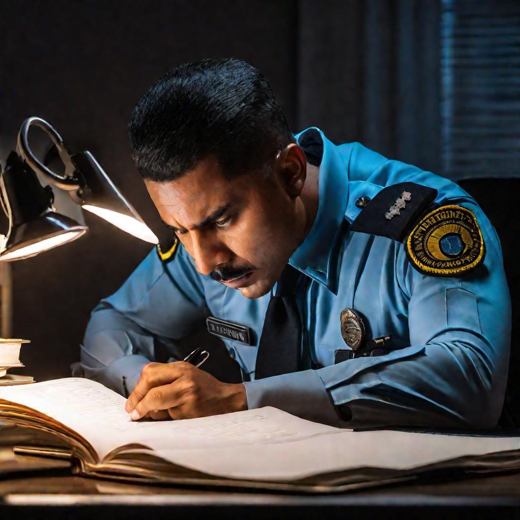 Крупный портрет сосредоточенного таможенника в униформе, проверяющего документы при свете настольной лампы поздним вечером. Он изучает бумаги и делает заметки, связанные с процедурой условного выпуска товаров.