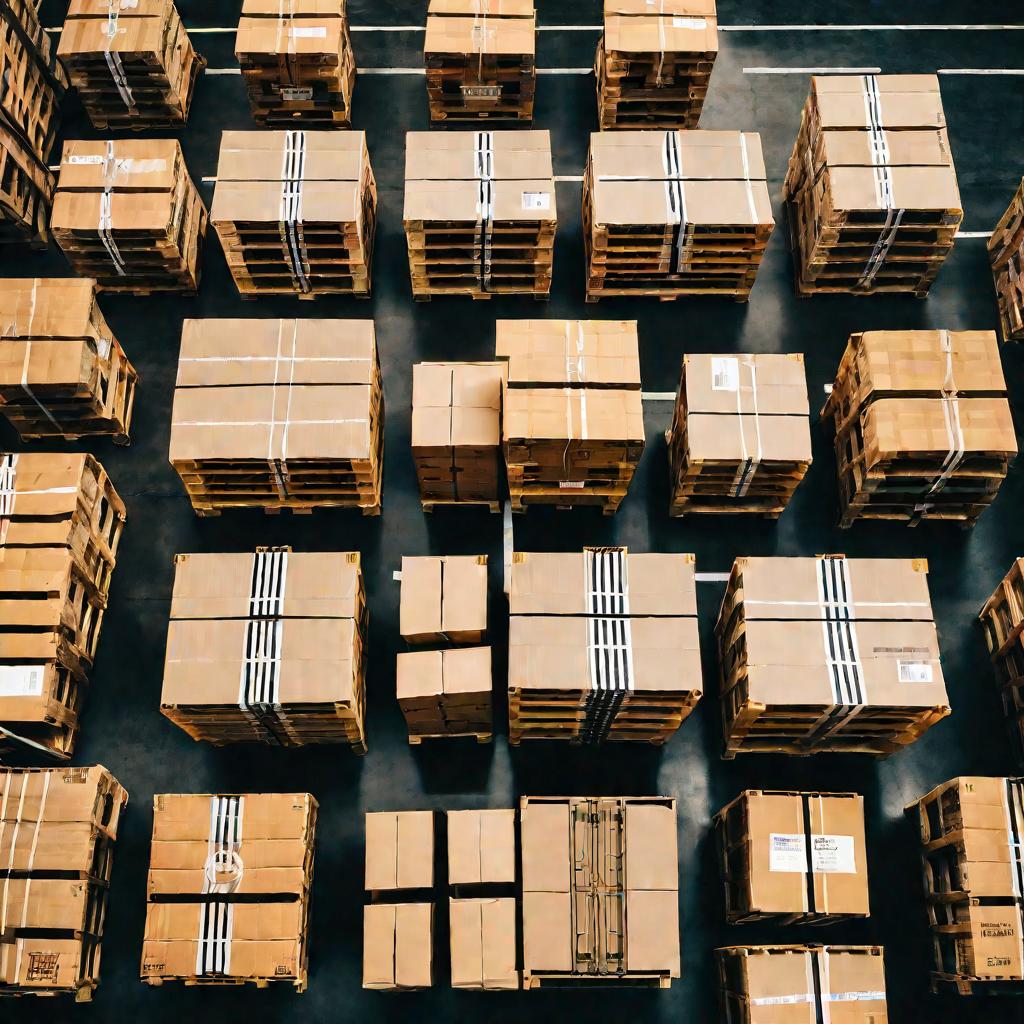 Вид сверху на поддоны с товарами, освещенные мягким естественным светом в облачный день на складе. Различные упаковки и ящики промаркированы бирками, указывающими, что они проходят условный таможенный выпуск в ожидании разрешительной документации.