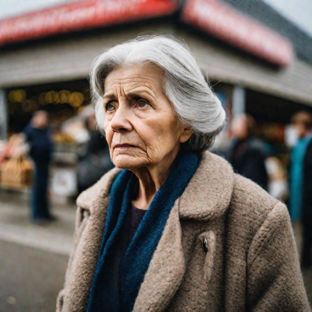 Пожилая женщина в очереди в магазин