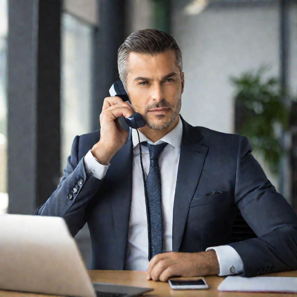 Портрет бизнесмена в костюме, сидящего за офисным столом и разговаривающего по стационарному телефону