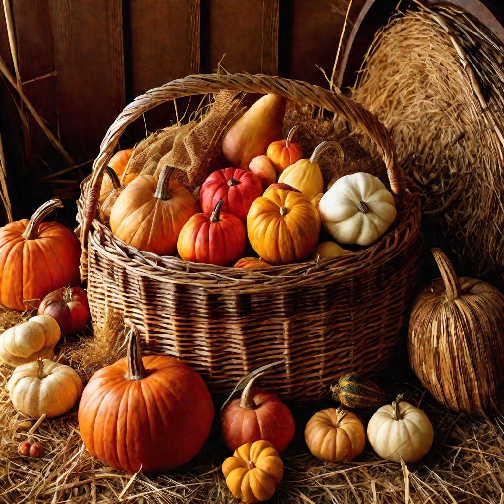 Корзина, полная разнообразных сезонных овощей и фруктов, освещенных солнцем