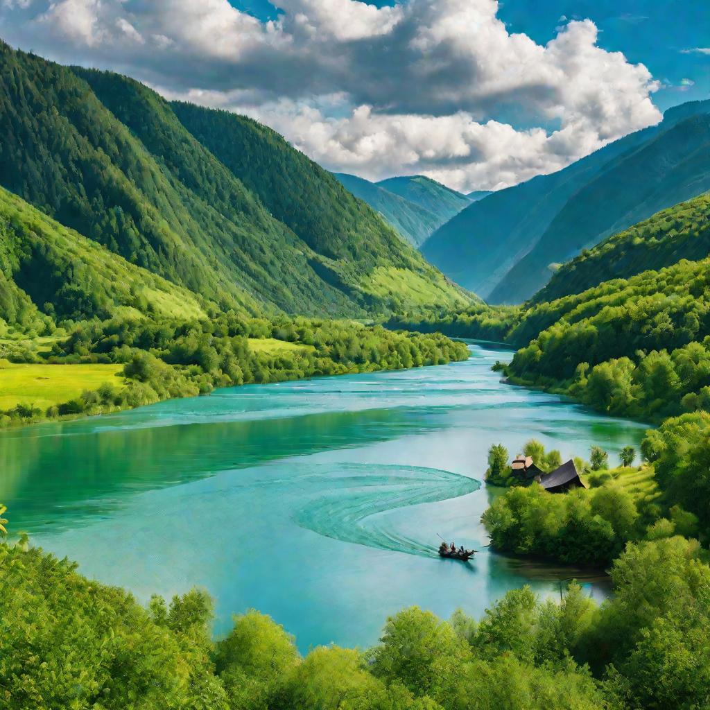 Река летом, рыбак