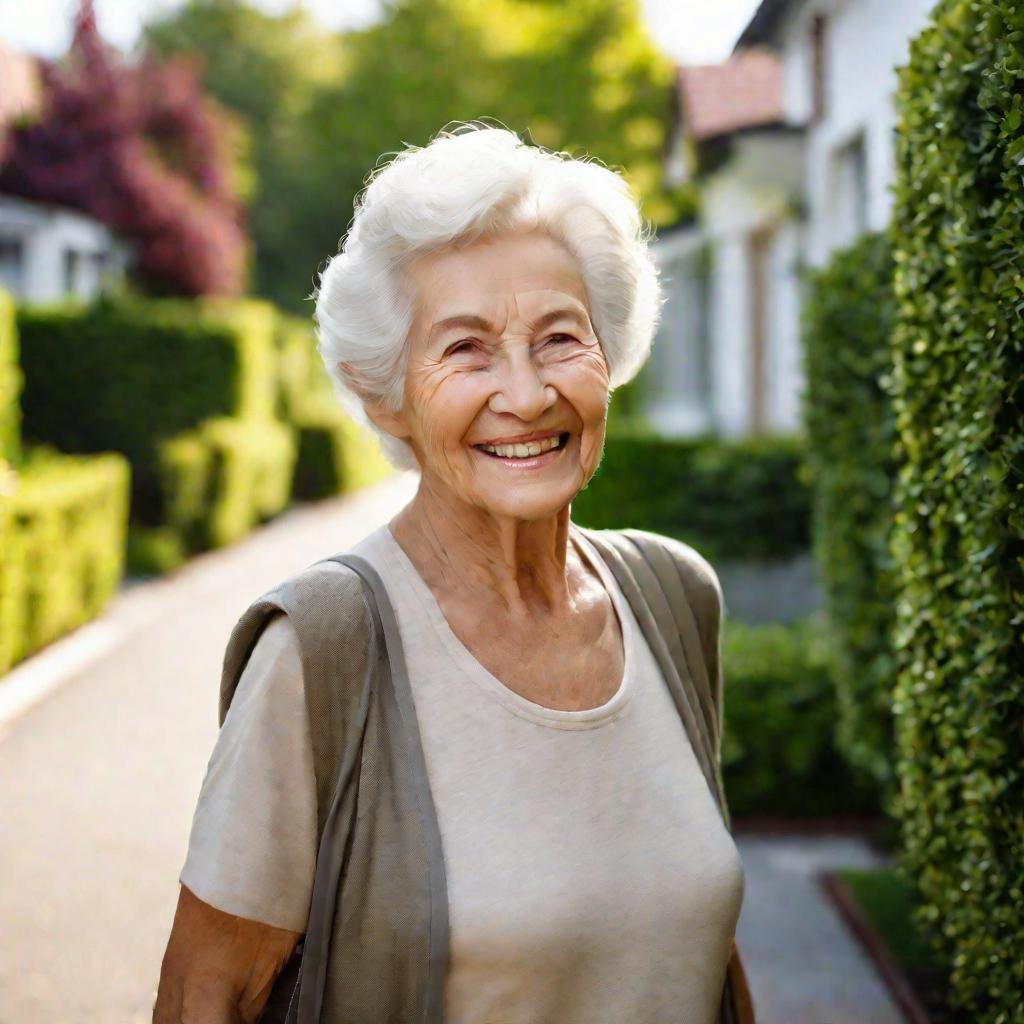 Пожилая женщина гуляет по тротуару в жилом районе