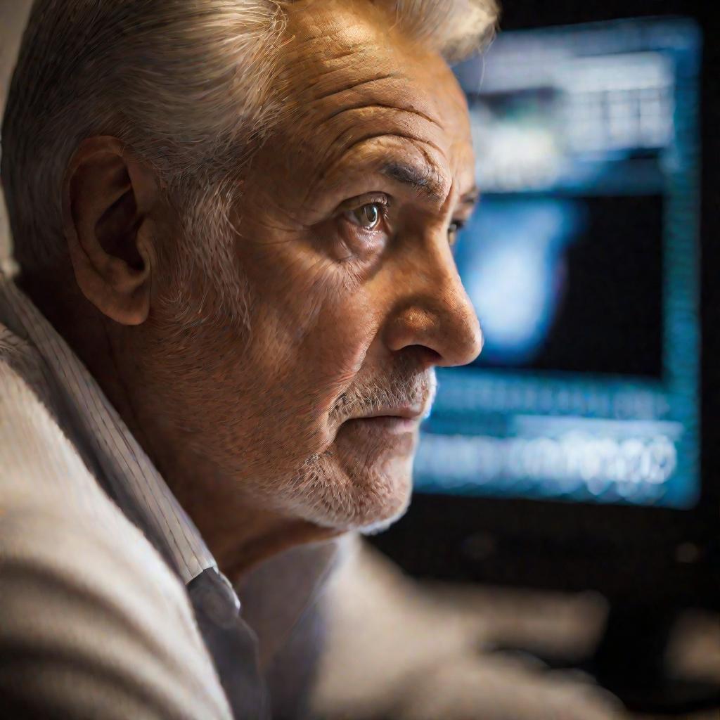 Портрет пожилого мужчины за компьютером.