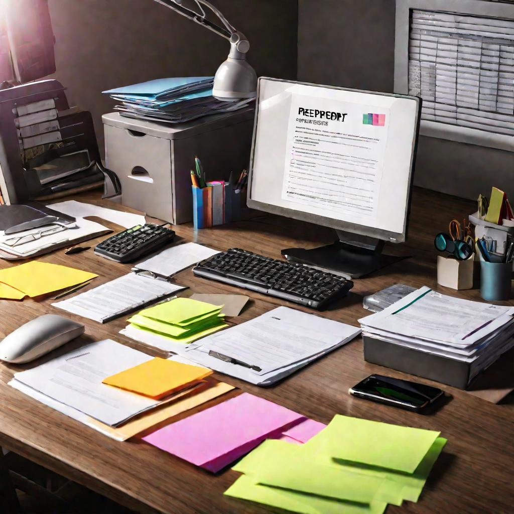 Офисный стол с компьютером, телефоном и стопками файлов и бумаг. В переднем плане документ с названием «Отчет о внутреннем расследовании», отмеченный цветными стикерами. Мягкое студийное освещение.