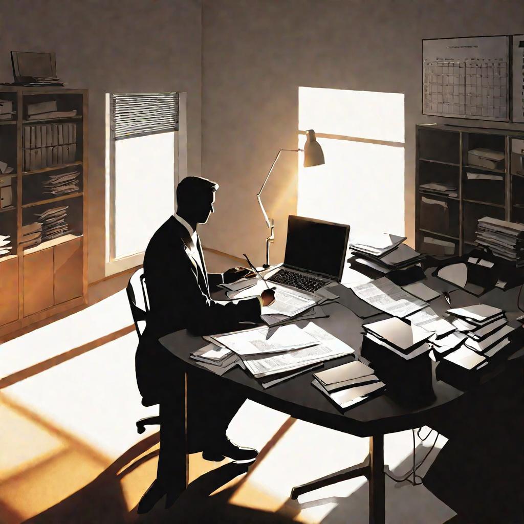 Вид снизу человека в деловой одежде, сидящего за столом в офисе и просматривающего бумажную документацию. Солнечный свет из окна создает эффект ореола, выделяя силуэт человека на ярком фоне. Стол завален папками, компьютером, калькулятором, блокнотами, ру