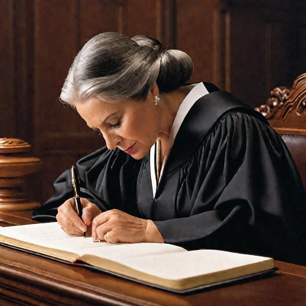 Крупный портрет женщины средних лет в черной мантии судьи, сидящей за большим деревянным столом в зале суда. У нее серьезное, сосредоточенное выражение лица, она смотрит вниз и пишет тщательные заметки роскошной перьевой ручкой. Мягкий естественный свет и