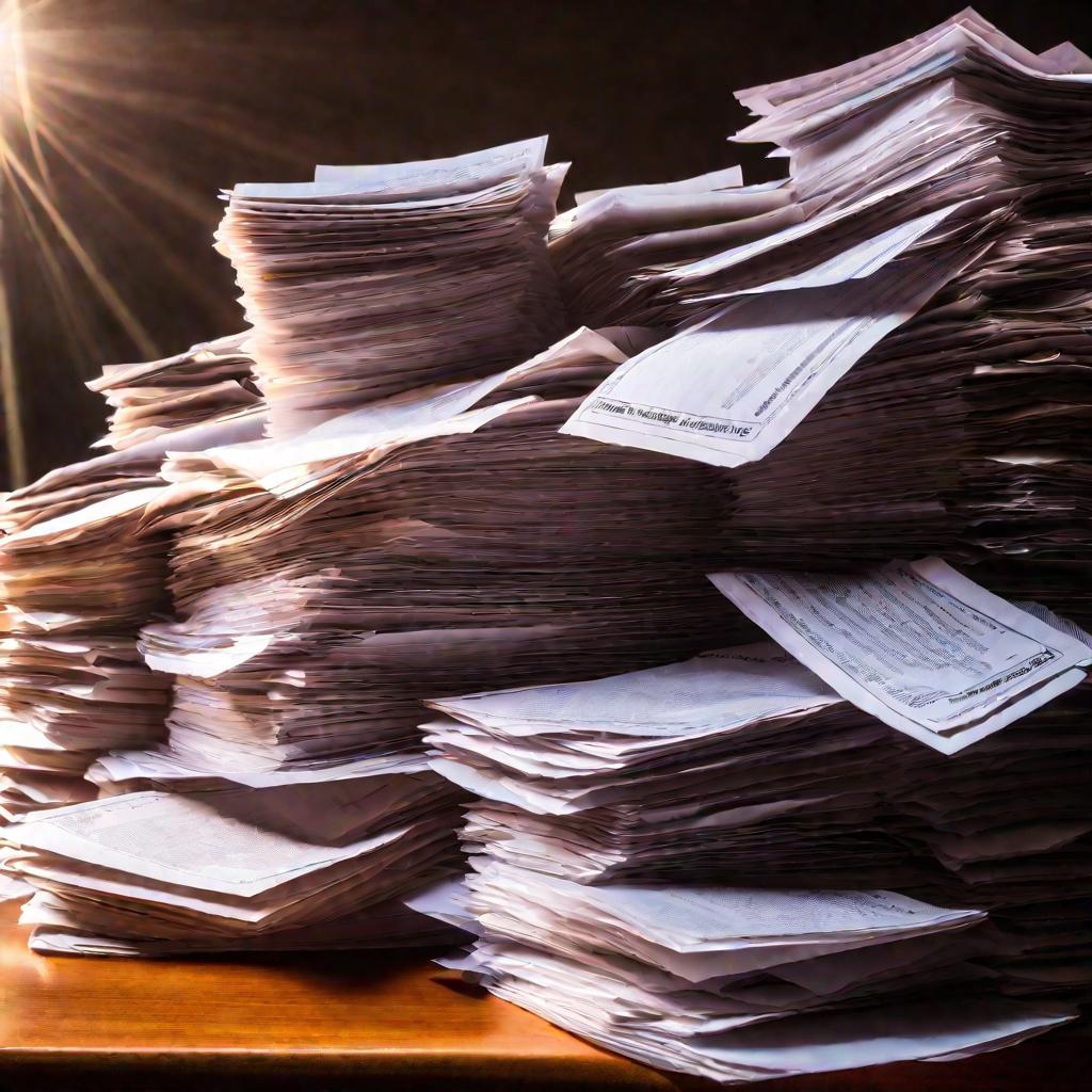 Огромная стопка счетов и штрафов на столе бухгалтера